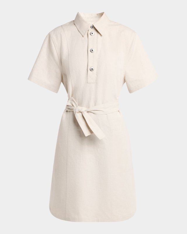 Short-Sleeve Belted Cotton-Linen Twill Mini Shirtdress